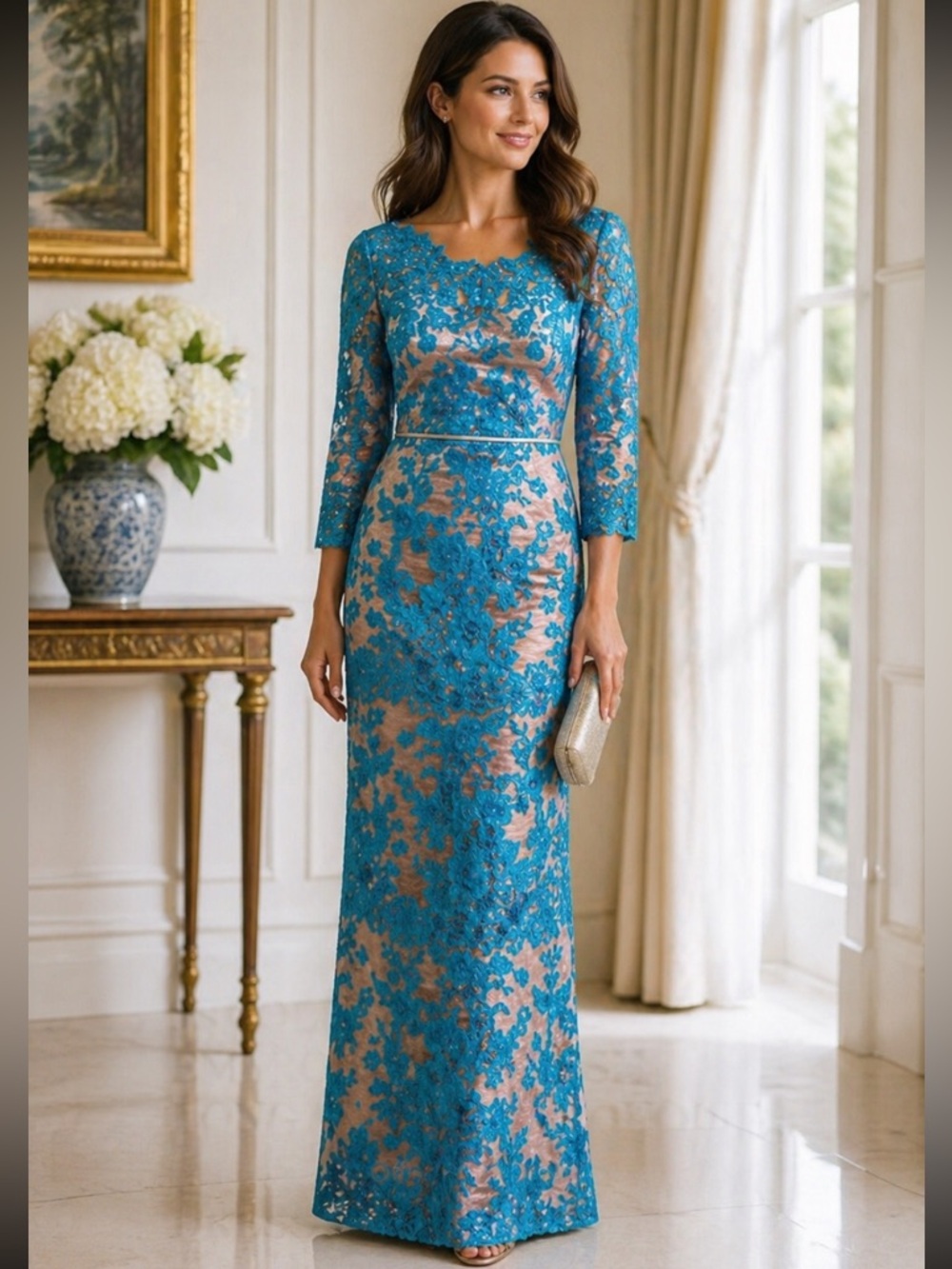 JS COLLECTIONS EMBROIDERED MESH LONG SLEEVE TURQUOISE LACE BRAND NEW W TAG DRESS